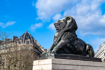 Paris, France, beautiful lion place Denfert-Rochereau in the 14e arrondissement, with typical...