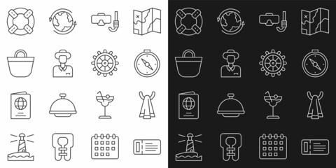Set line Cruise ticket, Towel on a hanger, Compass, Diving mask and snorkel, Tourist, Beach bag, Lifebuoy and Ship steering wheel icon. Vector