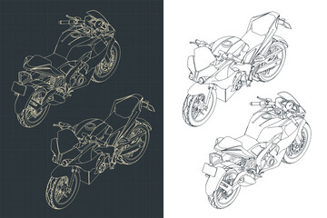 Sports motorcycle isometric blueprints