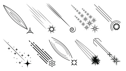 Set Black Simple Line Comets Meteorites Collection Doodle Elements Vector Design Style Sketch Isolated Illustration Nature, Sky, Space, Astronomy
