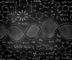 Chemistry vector seamless pattern with plots, formulas and dna strand handwritten with chalk on blackboard
- 484002696