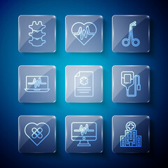 Set line Healed broken heart, Monitor with cardiogram, Medical hospital building, scissors, Clinical record, Laptop, Human spine and IV bag icon. Vector