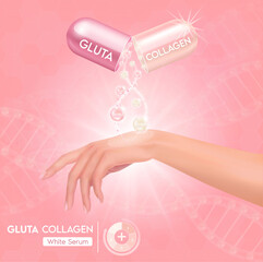 Pink glutathione and collagen pack with capsule and the third ingredient can be separated.