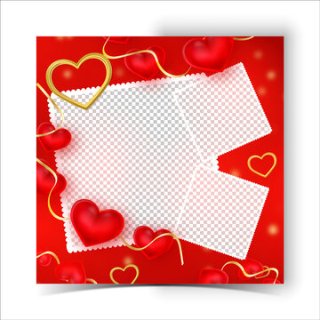 Valentine's day background with red heart photo frame with transparent background
