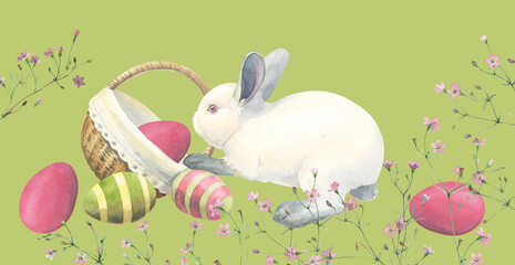 Watercolor Easter Bunny with a basket, eggs and pink flowers