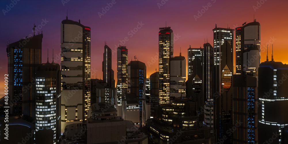 Poster Wide panoramic view of a futuristic downtown cityscape with skyscraper buildings lit up at sunset. 3D rendering.