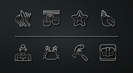 Set line Seaweed, Fisherman, Scallop sea shell, Served fish on plate, Crab, Sushi, cutting board and Starfish icon. Vector