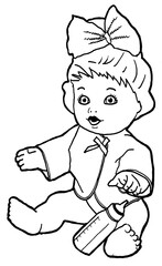 Illustration of a baby doll with baby bottle using black and white stroke technique