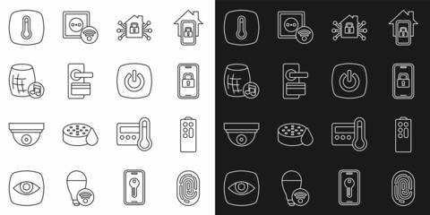 Set line Fingerprint, Remote control, Digital door lock, Smart home, Voice assistant, Thermostat and icon. Vector