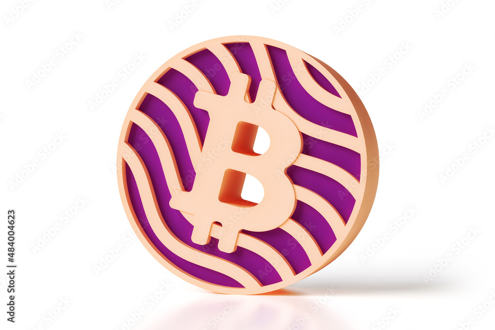 Poster bitcoin 3d icon in vibrant color style made of beige wavy outline and violet interior. high quality 