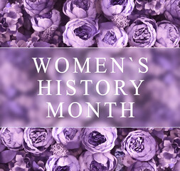 March is Women's History Month festive card with glassmorphism effect. Floral blurred background...