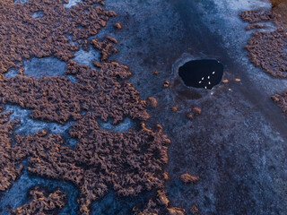 Winter landscape with swans seen from drones on a frozen lake