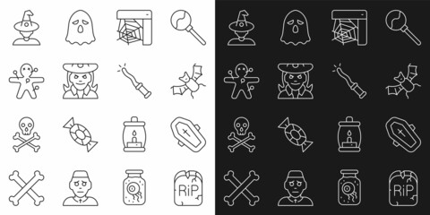 Set line Tombstone with RIP written, Coffin cross, Flying bat, Spider web, Witch, Voodoo doll, and Magic wand icon. Vector