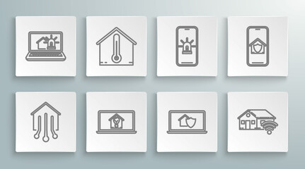 Set line Smart home, House temperature, Laptop with smart house and light bulb, under protection, wi-fi, Mobile phone alarm, and icon. Vector