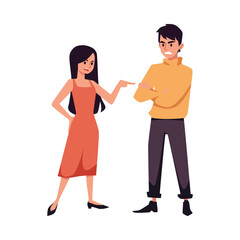 People shout, have conflicted, nervous conversation, swear in flat vector