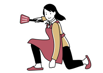 イラスト素材：フライパン返しを片手にキメポーズをするエプロンの女性