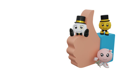 drei lustige 3d Charakter mit einem OK Daumen. 3d rendering