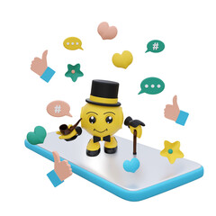 lustiger 3d Charakter mit social media icons steht auf einem Smartphone. 3d rendering