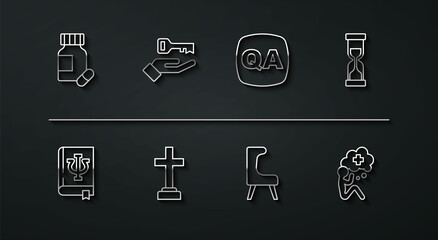 Set line Sedative pills, Psychology book, Psi, Old hourglass, Armchair, Graves funeral sorrow, Solution to the problem, Helping hand and Question Answer icon. Vector