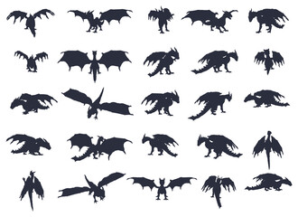 Naklejka premium 25 poses of dragon silhouette vector edition 1