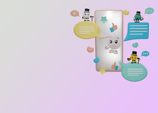 Smartphone mit social media icons. Lustige 3d Charakter werben um ein Emoticon M&auml;dchen. 3d rendering