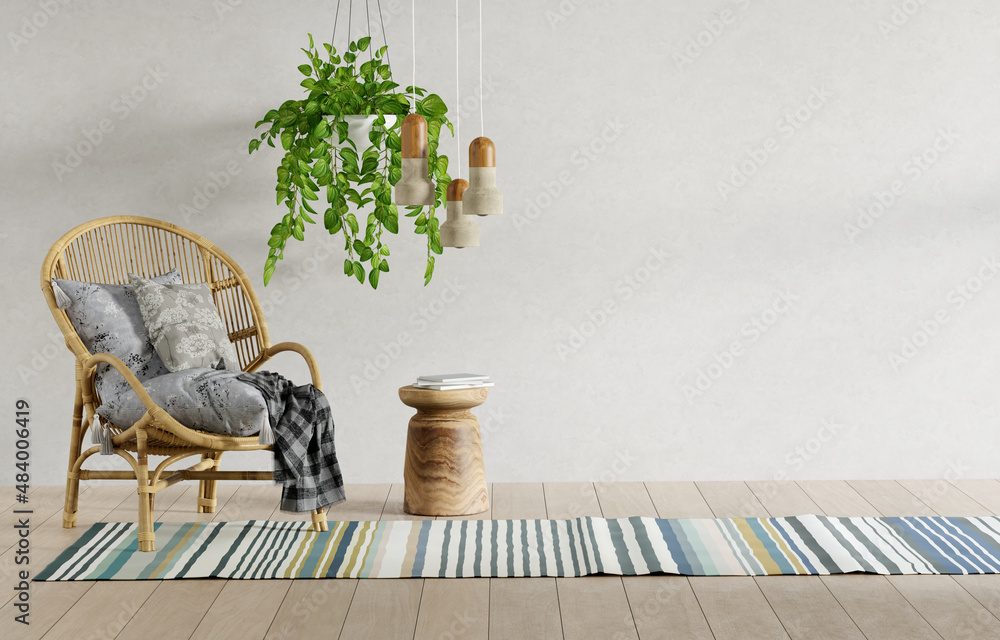 Poster empty room with rattan armchair, hanging plant and little table with books. large empty wall mock up