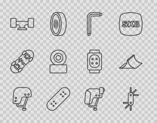 Set line Skateboard helmet, Tool allen keys, wheel, and park icon. Vector