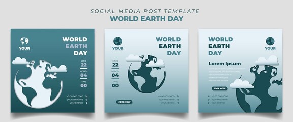 Green social media post template in square design. World Earth Day template with paper cut earth background design.