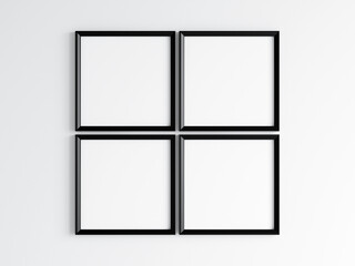 Four square black frames on the wall, poster mockup, print mockup, 3d render