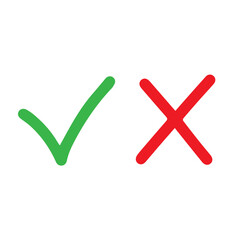 Green check mark and red cross symbol with straight lines. Isolated illustration.