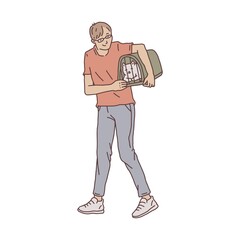 Man carries cat pet in a carrier. Doodle contour line illustration.