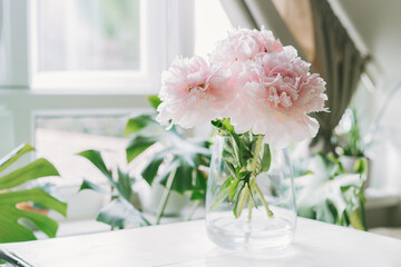 Fresh bouquet of tender pink peonies flowers on white table with a light biophilic interior background with monstera. Festive flowers as gift. Mockup for greeting card design.