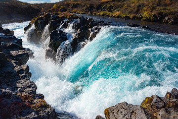 Blue Midfoss Bruarfoss waterfalls in Iceland