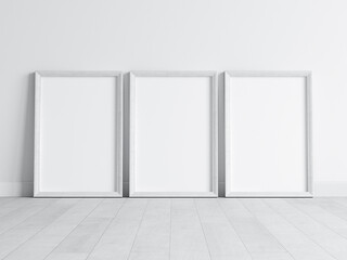 Three white frames mockup, poster mockup, print mockup, 3d render