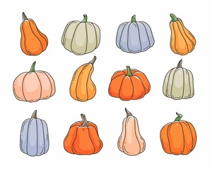 Multicolored pumpkins cartoon doodle set. Contour cute illustration isolated on background.