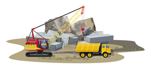 Detailed illustration with granite stone mining. Heavy industrial machinery.