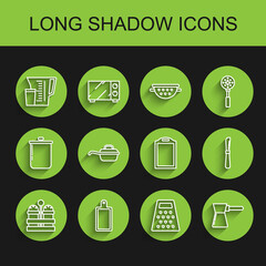 Set line Salt and pepper, Cutting board, Measuring cup, Grater, Coffee turk, Frying pan, Knife and icon. Vector