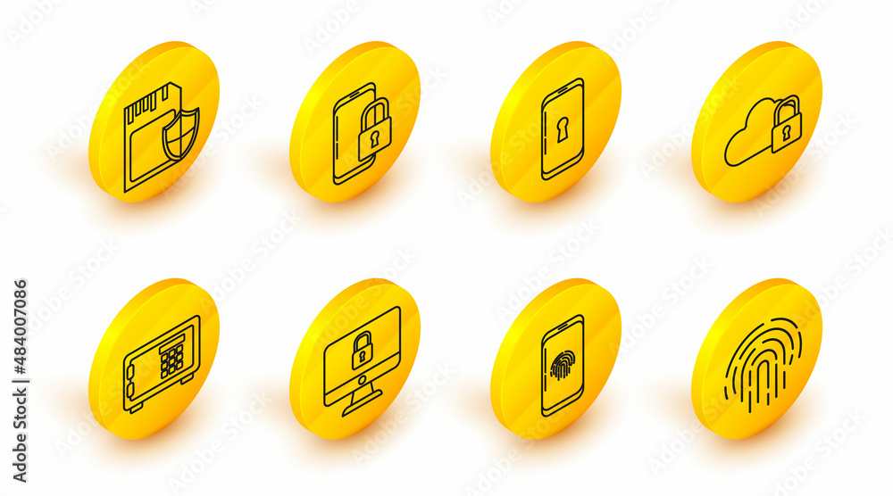 Poster set line fingerprint, smartphone with fingerprint scanner, lock computer monitor screen, safe, cloud