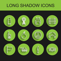 Set line Flag, Military tank, Bullet, knife, reward medal, Bomb ready to explode, helmet and Peace icon. Vector