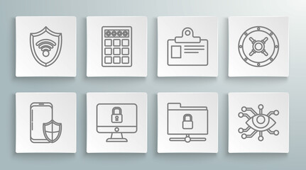 Set line Smartphone with security shield, Lock computer monitor screen, FTP folder lock, Eye scan, Identification badge, Safe and Shield WiFi wireless internet network icon. Vector