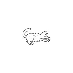 Cat domestic animal playing with ball. Pet outline black white doodle vector illustration.