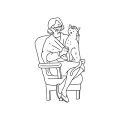 Elderly woman is sitting in a chair and stroking cat pet. Doodle black white contour line illustration.