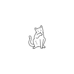 Cat domestic animal licks a paw full face. Pet outline black white doodle vector illustration.