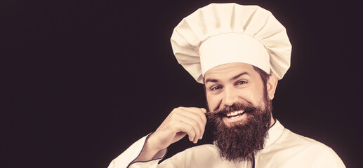Funny chef with beard cook. Beard man and moustache wearing bib apron. Nappy man. Portrait of a...