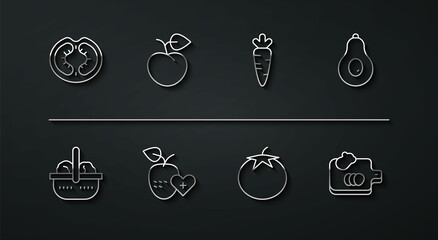 Set line Tomato, Basket and food, Avocado, Healthy fruit, Peach or nectarine, Cutting board with vegetables and Carrot icon. Vector