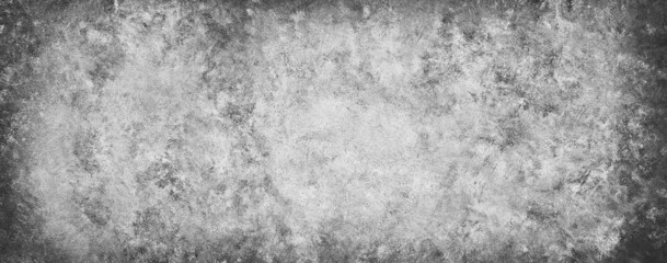 Gray concrete grunge background banner. Old shabby wall with vignette