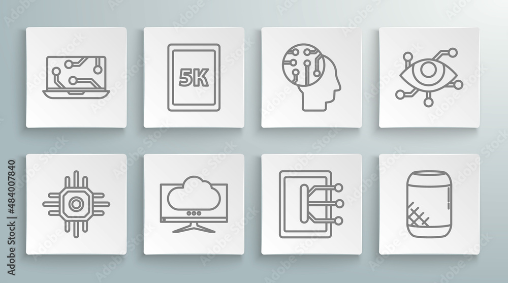Poster set line processor, tablet with text 5k, computer monitor screen, voice assistant, human brain digit