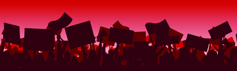 Silhouette of a protesting crowd with flags and banners. Appeal to representatives of state power, change in the political situation. Vector