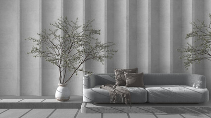 Beige and gray concrete molded plaster wall in modern luxury living room with sofa and potted tree. Cozy background with copy space. Relax showcase, interior design concept idea