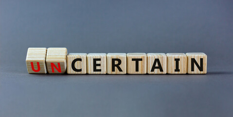 Certain or uncertain symbol. Turned wooden cubes and changed the concept word uncertain to certain. Beautiful grey table, grey background, copy space. Business, certain or uncertain concept.
